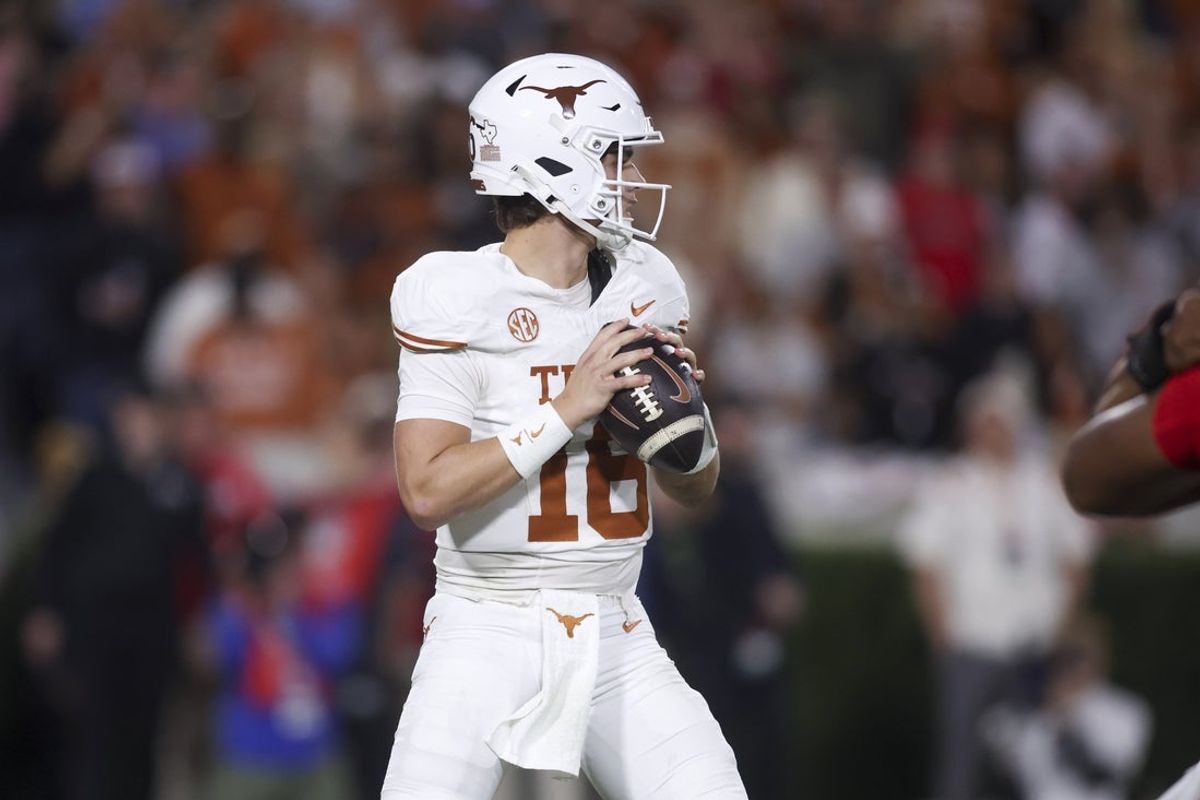 Nov 15, 2025; Athens, Georgia, USA; Texas Longhorns quarterback Arch Manning (16) looks to make a pass in the second half against the Georgia Bulldogs at Sanford Stadium. Mandatory Credit: Brett Davis-Imagn Images