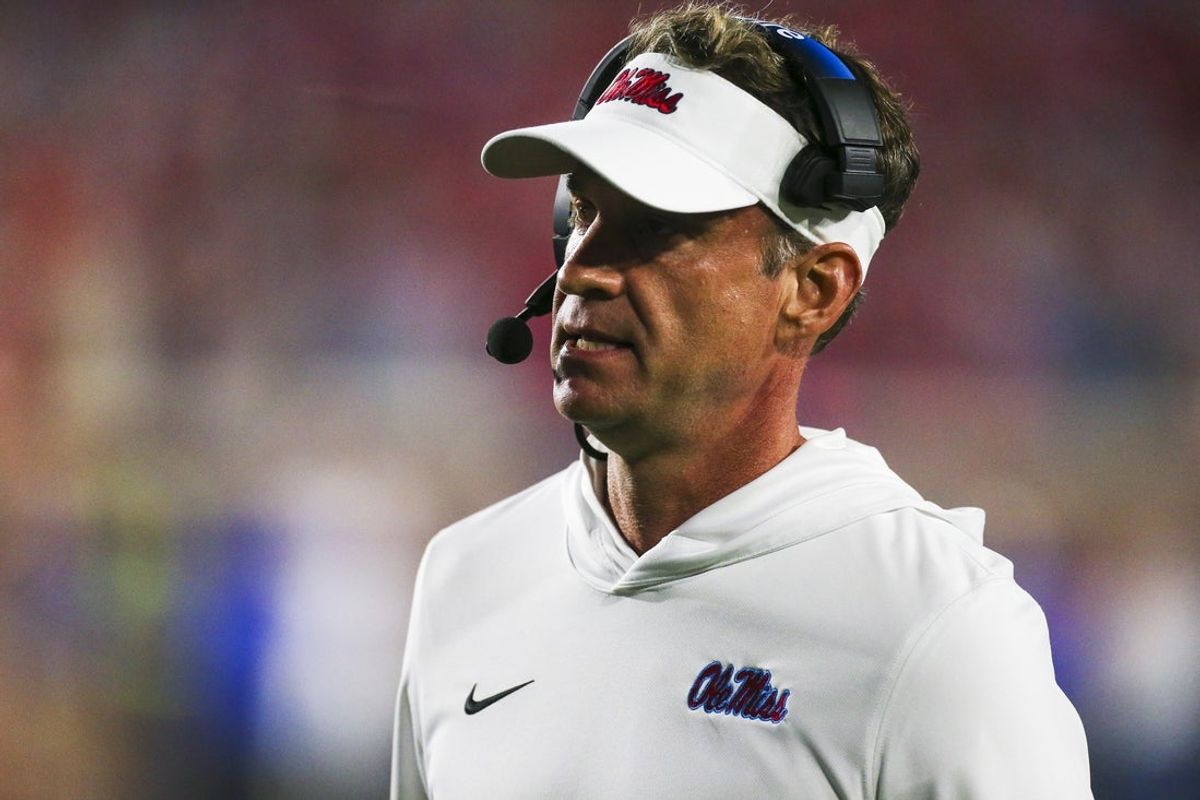 Nov 15, 2025; Oxford, Mississippi, USA; Mississippi Rebels head coach Lane Kiffin stands on the sideline during the second half against the Florida Gators at Vaught-Hemingway Stadium. Mandatory Credit: Petre Thomas-Imagn Images