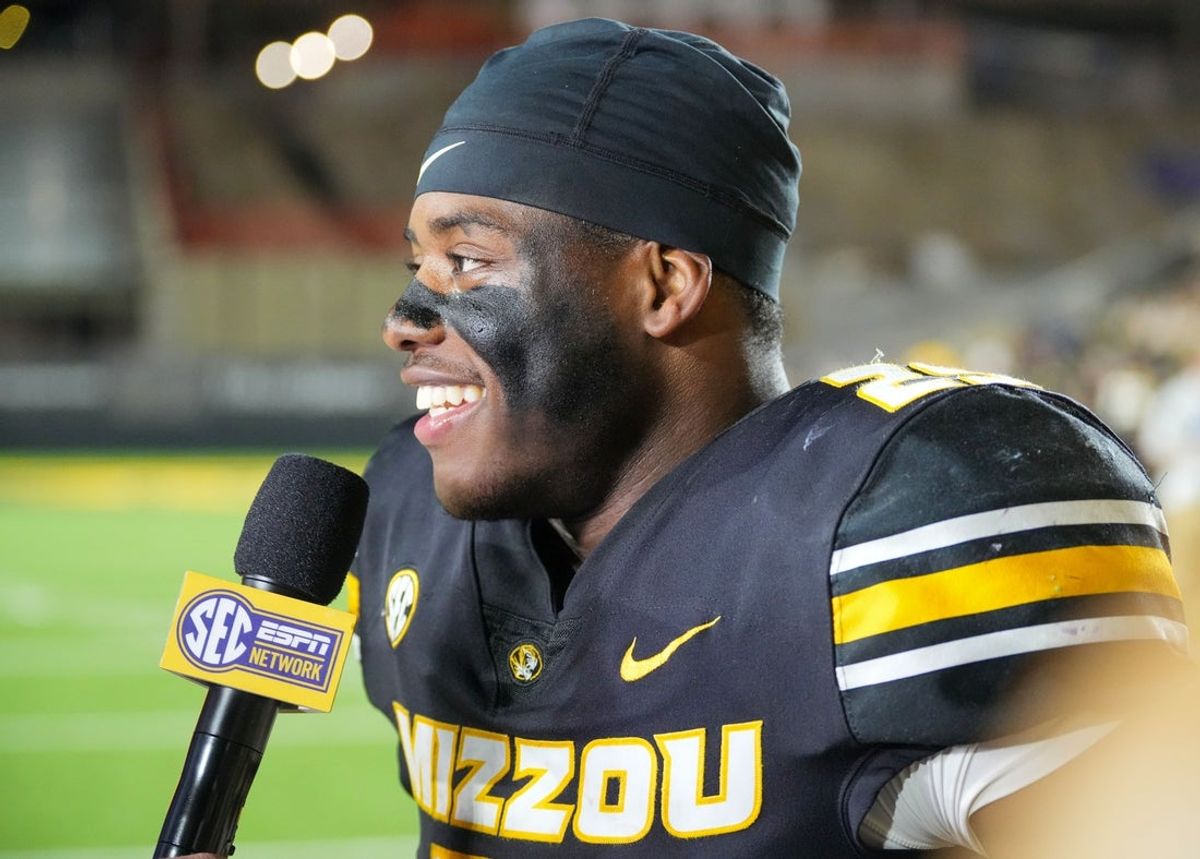 Nov 15, 2025; Columbia, Missouri, USA; Missouri Tigers running back Ahmad Hardy (29) speaks to media after the win over the Mississippi State Bulldogs at Faurot Field at Memorial Stadium. Mandatory Credit: Denny Medley-Imagn Images