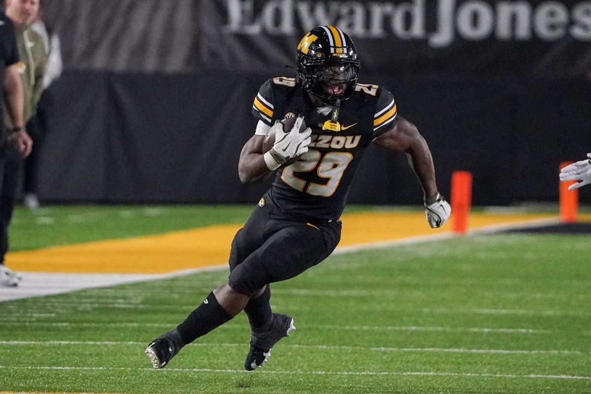 Nov 15, 2025; Columbia, Missouri, USA; Missouri Tigers running back Ahmad Hardy (29) runs the ball against the Mississippi State Bulldogs during the second half of the game at Faurot Field at Memorial Stadium. Mandatory Credit: Denny Medley-Imagn Images