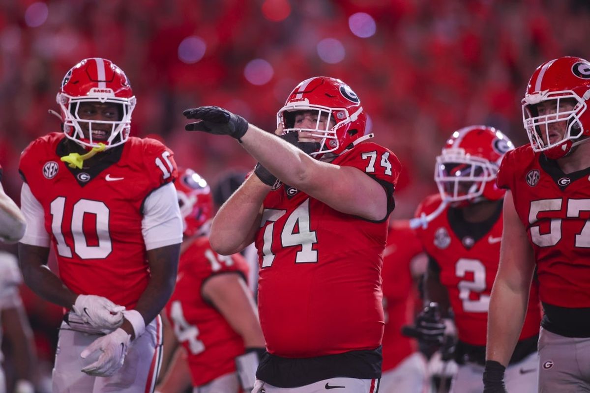 Nov 15, 2025; Athens, Georgia, USA; Georgia Bulldogs offensive lineman Drew Bobo (74) celebrates in the second half against the Texas Longhorns at Sanford Stadium. Mandatory Credit: Brett Davis-Imagn Images