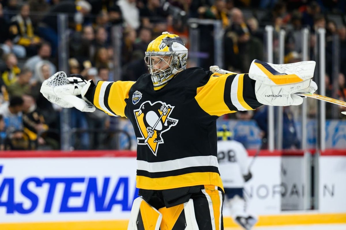 Nov 16, 2025; Stockholm, SWEDEN; Pittsburgh Penguins goaltender Sergei Murashov (1) warms up before playing against the Nashville Predators in a Global Series ice hockey game at Avicii Arena. Mandatory Credit: Per Haljestam-Imagn Images