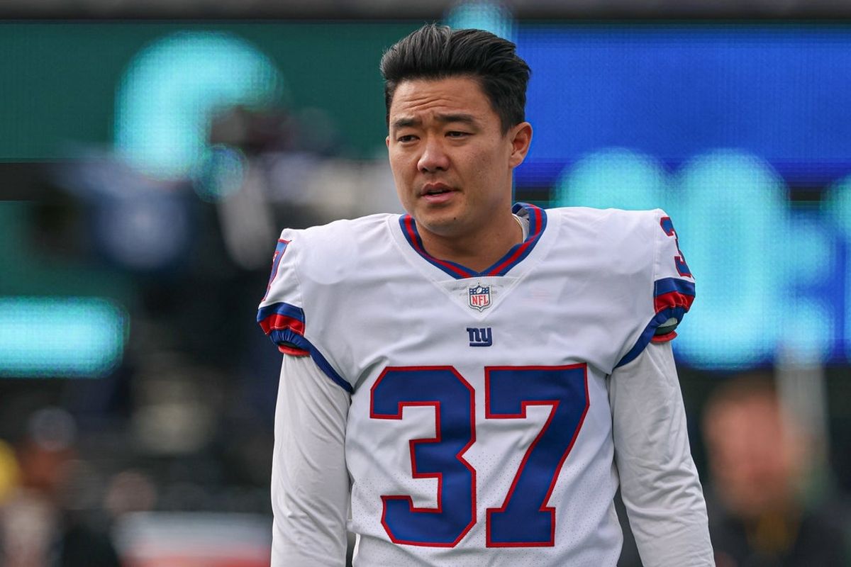 Nov 16, 2025; East Rutherford, New Jersey, USA; New York Giants place kicker Younghoe Koo (37) on the field before the game against the Green Bay Packers at MetLife Stadium. Mandatory Credit: Vincent Carchietta-Imagn Images
