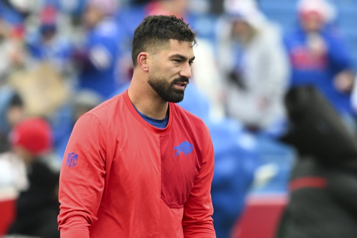 Nov 16, 2025; Orchard Park, New York, USA;  Buffalo Bills defensive end AJ Epenesa (57) warms up prior to the game at Highmark Stadium. Mandatory Credit: Mark Konezny-Imagn Images