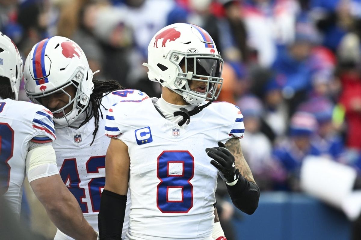 Nov 16, 2025; Orchard Park, New York, USA;  Buffalo Bills linebacker Terrel Bernard (8) warms up prior to the game against the Tampa Bay Buccaneers at Highmark Stadium. Mandatory Credit: Mark Konezny-Imagn Images