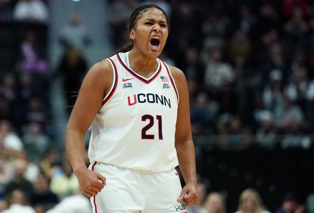 Nov 16, 2025; Hartford, Connecticut, USA; UConn Huskies forward Sarah Strong (21) reacts after a play against the Ohio State Buckeyes in the first half at Peoples Bank Arena. Mandatory Credit: David Butler II-Imagn Images