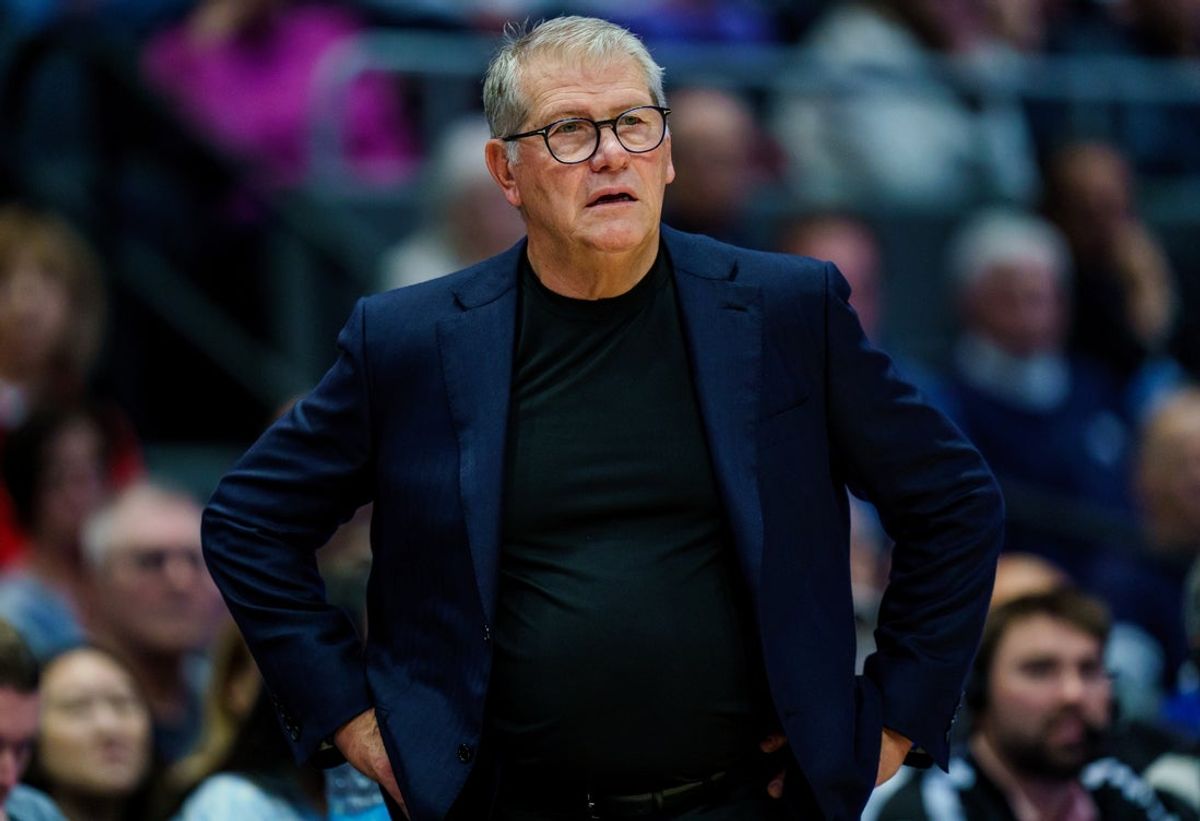 Nov 16, 2025; Hartford, Connecticut, USA; UConn Huskies head coach Geno Auriemma watches from the sideline as they take on the Ohio State Buckeyes at Peoples Bank Arena. Mandatory Credit: David Butler II-Imagn Images
