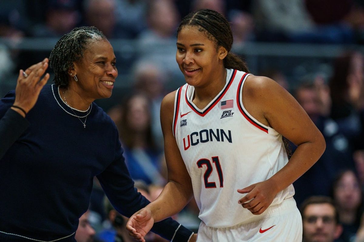Nov 16, 2025; Hartford, Connecticut, USA; UConn Huskies forward Sarah Strong (21) reacts as she comes off the court against the Ohio State Buckeyes in the second half at Peoples Bank Arena. Mandatory Credit: David Butler II-Imagn Images