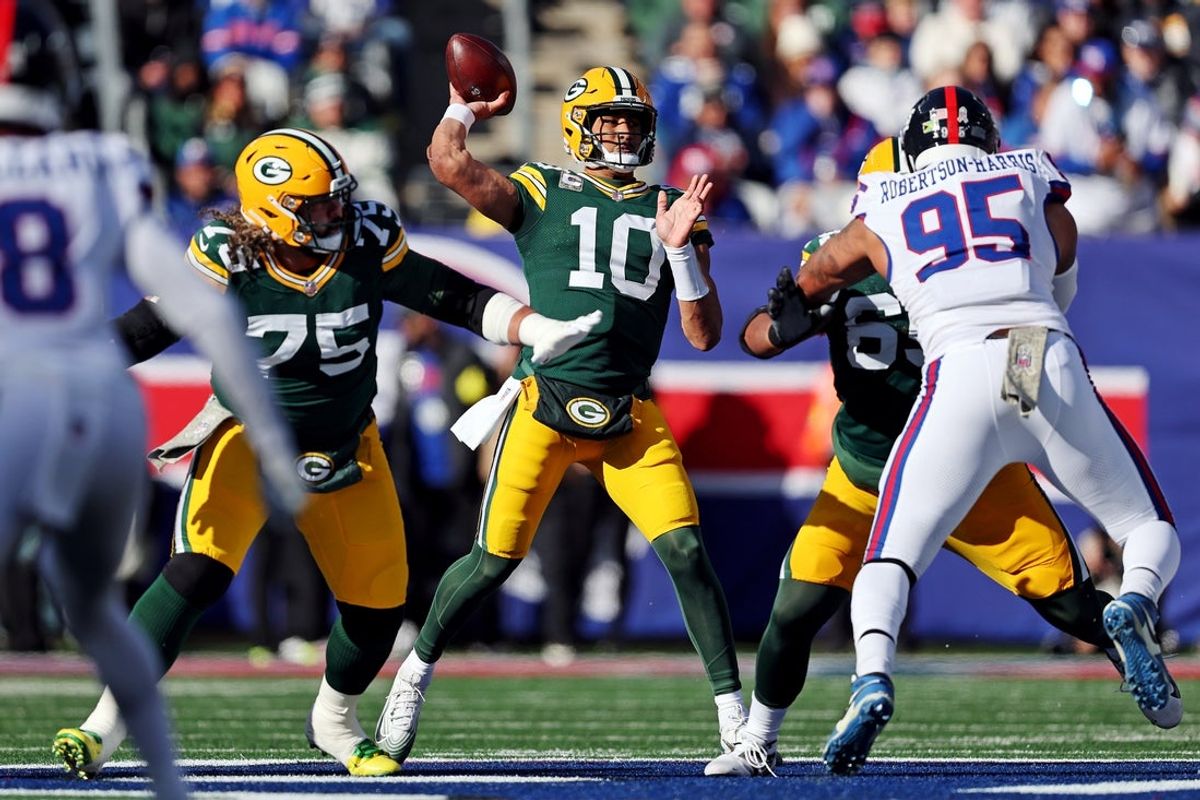 Nov 16, 2025; East Rutherford, New Jersey, USA; Green Bay Packers quarterback Jordan Love (10) throws a pass during the first quarter against the New York Giants at MetLife Stadium. Mandatory Credit: Vincent Carchietta-Imagn Images