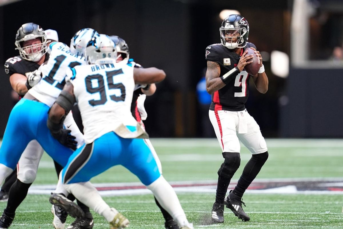Nov 16, 2025; Atlanta, Georgia, USA; Atlanta Falcons quarterback Michael Penix Jr. (9) prepares to throw the ball in the second quarter against the Carolina Panthers at Mercedes-Benz Stadium. Mandatory Credit: Dale Zanine-Imagn Images