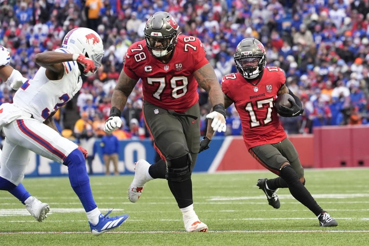 Nov 16, 2025; Orchard Park, New York, USA;  Tampa Bay Buccaneers offensive tackle Tristan Wirfs (78) blocks for wide receiver Sterling Shepard (17) against the Buffalo Bills during the third quarter of the game at Highmark Stadium. Mandatory Credit: Gregory Fisher-Imagn Images