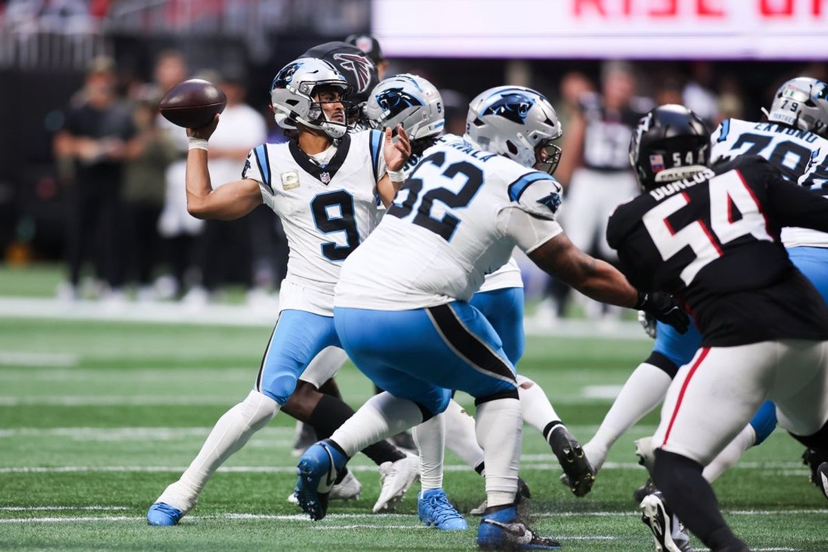 Nov 16, 2025; Atlanta, Georgia, USA; Carolina Panthers quarterback Bryce Young (9) prepares to throw in the third quarter against the Atlanta Falcons at Mercedes-Benz Stadium. Mandatory Credit: Brett Davis-Imagn Images