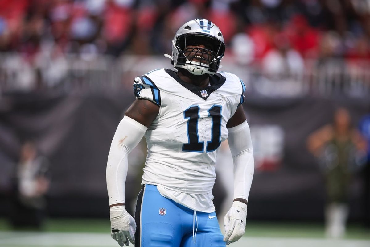 Nov 16, 2025; Atlanta, Georgia, USA; Carolina Panthers outside linebacker Nic Scourton (11) reacts after a play in the fourth quarter against the Atlanta Falcons at Mercedes-Benz Stadium. Mandatory Credit: Brett Davis-Imagn Images