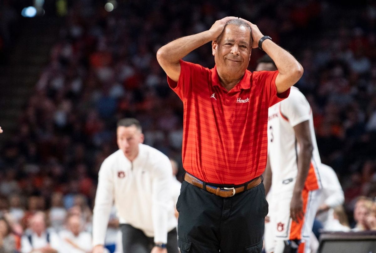 Houston Cougars head coach Kelvin Sampson reacts to a call as Auburn Tigers take on the Houston Cougars at Legacy Arena in Birmingham, Ala. on Sunday, Nov. 16, 2025. Houston Cougars lead Auburn Tigers 39-35 at halftime.