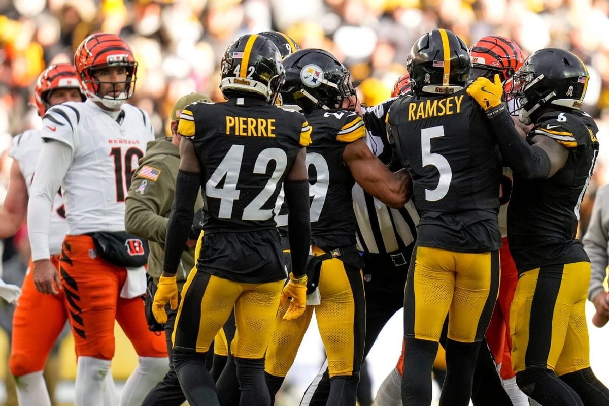 Pittsburgh Steelers cornerback Jalen Ramsey (5) finds himself at the center of a skirmish before being ejected in the fourth quarter of the NFL Week 11 game between the Pittsburgh Steelers and the Cincinnati Bengals at Acrisure Stadium in Pittsburgh on Sunday, Nov. 16, 2025. The Bengals lost 34-12.