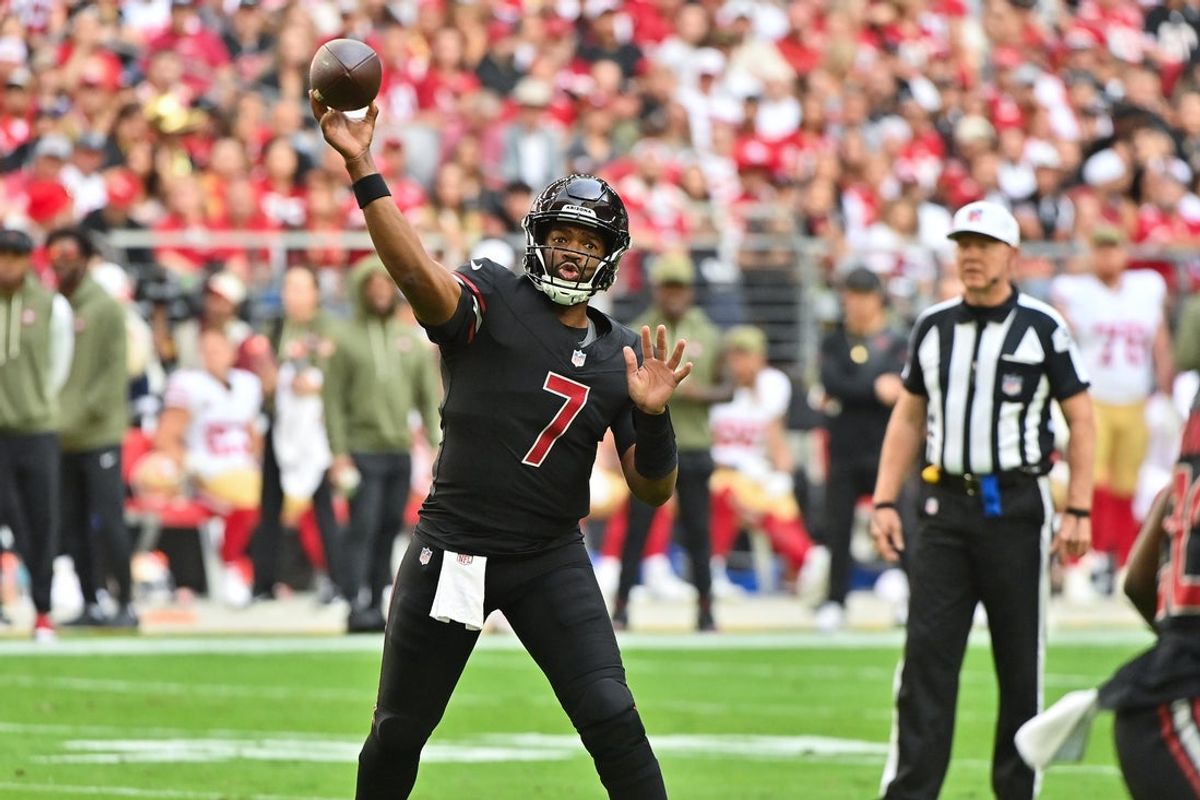 Nov 16, 2025; Glendale, Arizona, USA; Arizona Cardinals quarterback Jacoby Brissett (7) throws the ball in the first half against the San Francisco 49ers at State Farm Stadium. Mandatory Credit: Matt Kartozian-Imagn Images