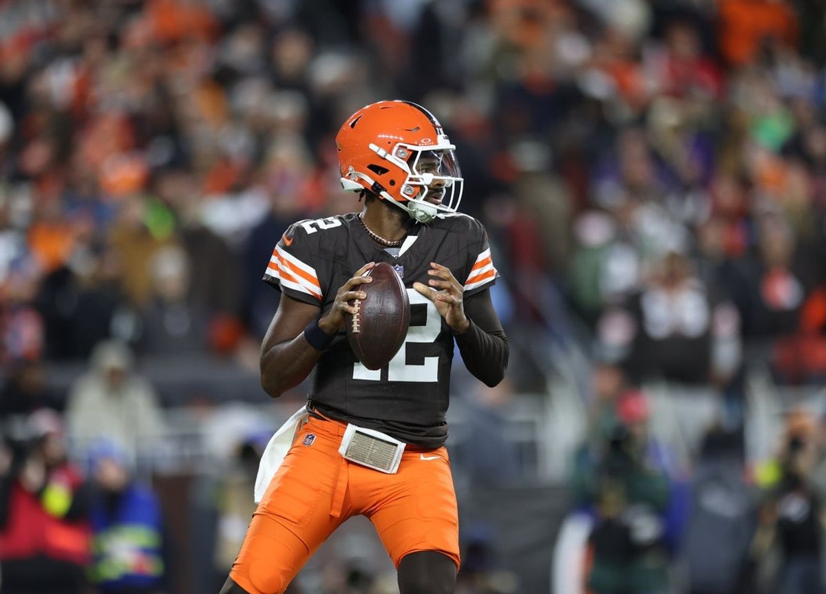 Nov 16, 2025; Cleveland, Ohio, USA; Cleveland Browns quarterback Shedeur Sanders (12) drops back to pass during the third quarter against the Baltimore Ravens at Huntington Bank Field. Mandatory Credit: Scott Galvin-Imagn Images