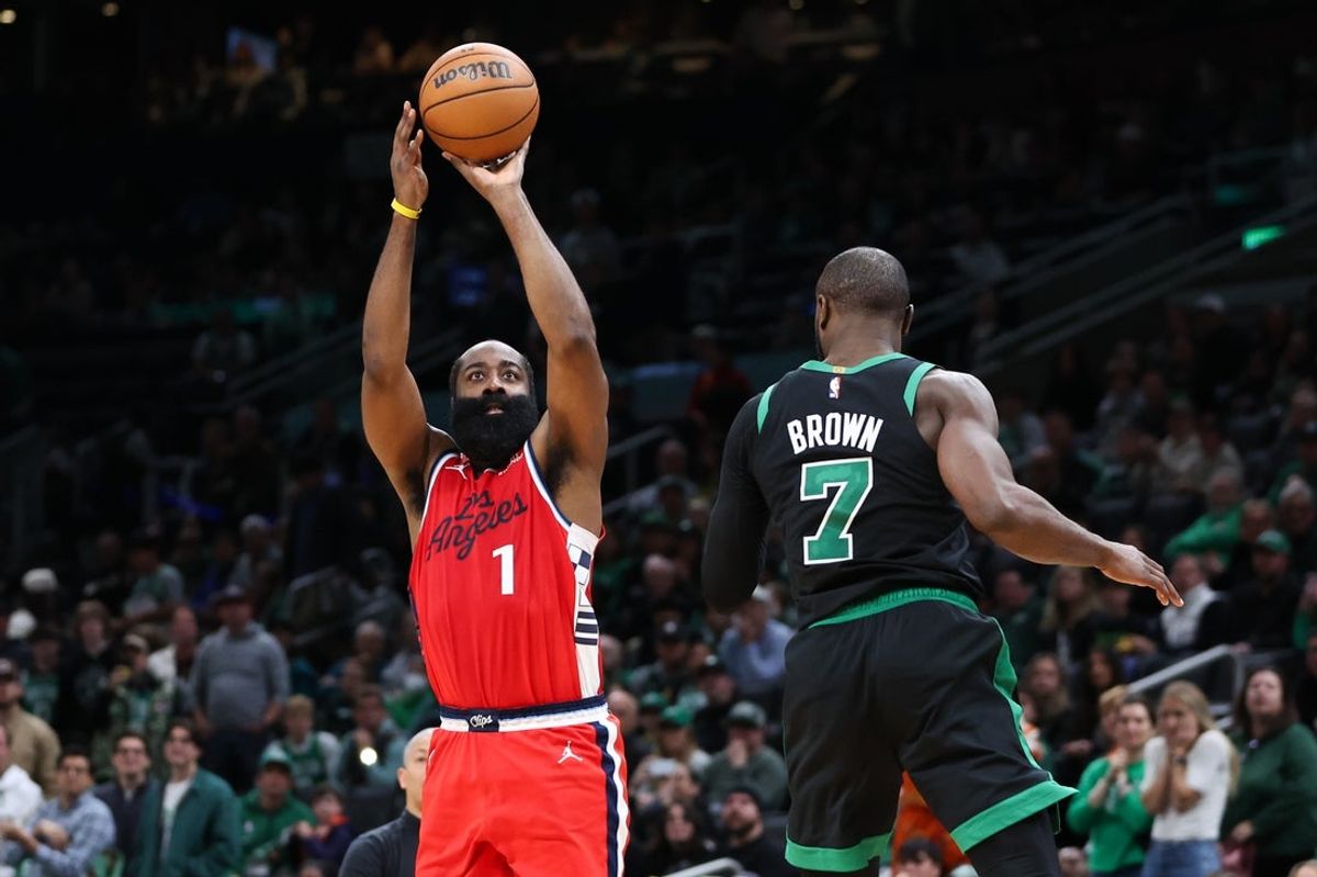 Nov 16, 2025; Boston, Massachusetts, USA; Los Angeles Clippers guard James Harden (1) shoots during the second half against the Boston Celtics at TD Garden. Mandatory Credit: Paul Rutherford-Imagn Images