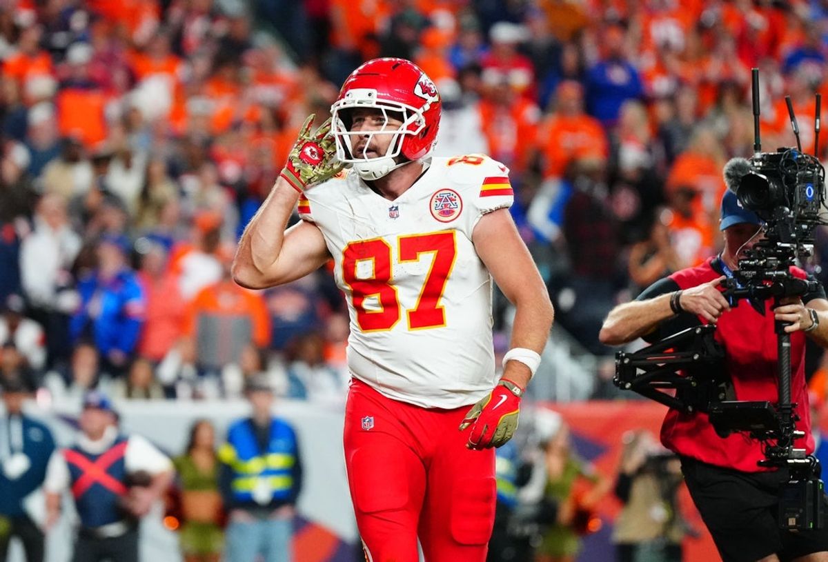 Nov 16, 2025; Denver, Colorado, USA; Kansas City Chiefs tight end Travis Kelce (87) reacts after his touchdown in the fourth quarter against the Denver Broncos at Empower Field at Mile High. Mandatory Credit: Ron Chenoy-Imagn Images