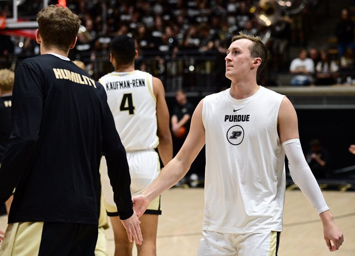 Nov 16, 2025; West Lafayette, Indiana, USA; Purdue Boilermakers guard Fletcher Loyer (2) warms up before the game against the Akron Zips at Mackey Arena. Mandatory Credit: Marc Lebryk-Imagn Images