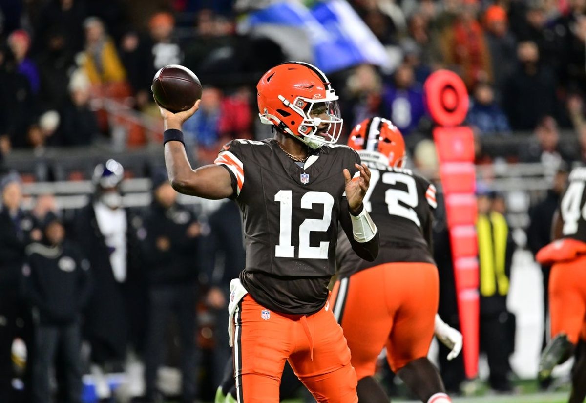 Nov 16, 2025; Cleveland, Ohio, USA; Cleveland Browns quarterback Shedeur Sanders (12) throws downfield during the fourth quarter against the Baltimore Ravens at Huntington Bank Field. Mandatory Credit: Ken Blaze-Imagn Images