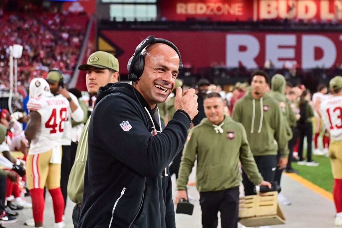 Nov 16, 2025; Glendale, Arizona, USA; San Francisco 49ers defensive coordinator Robert Saleh reacts after defeating the Arizona Cardinals at State Farm Stadium. Mandatory Credit: Matt Kartozian-Imagn Images