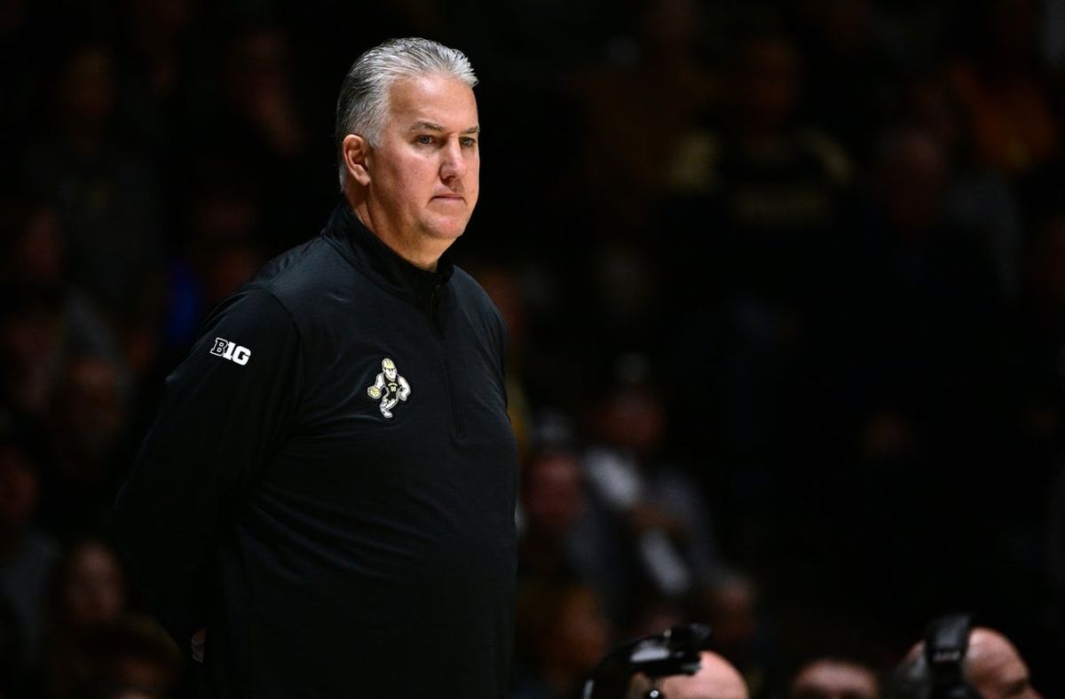 Nov 16, 2025; West Lafayette, Indiana, USA;  Purdue Boilermakers head coach Matt Painter stands on the side of the court during the first half against the Akron Zips at Mackey Arena. Mandatory Credit: Marc Lebryk-Imagn Images