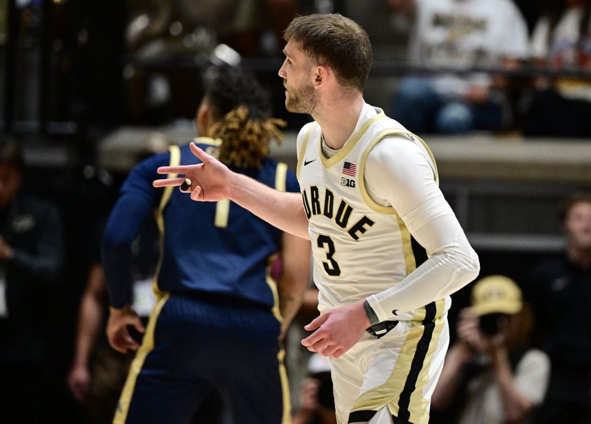 Nov 16, 2025; West Lafayette, Indiana, USA; Purdue Boilermakers guard Braden Smith (3) celebrates a 3 point shot during the first half against the Akron Zips at Mackey Arena. Mandatory Credit: Marc Lebryk-Imagn Images