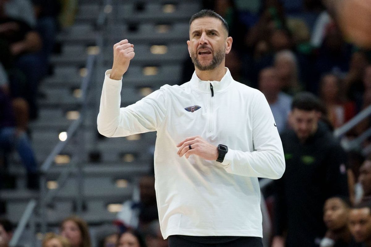 Nov 16, 2025; New Orleans, Louisiana, USA; New Orleans Pelicans interim head coach James Borrego reacts during the first half against the Golden State Warriors at Smoothie King Center. Mandatory Credit: Matthew Hinton-Imagn Images