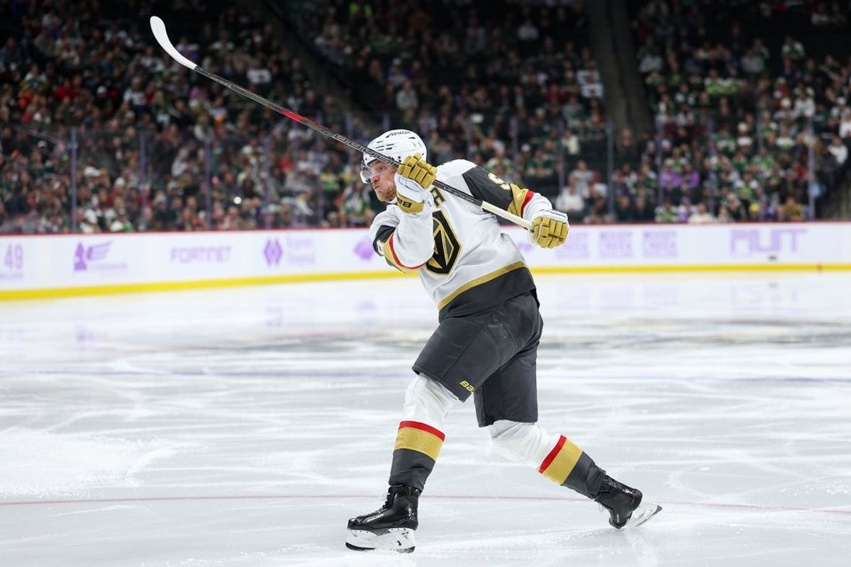 Nov 16, 2025; Saint Paul, Minnesota, USA; Vegas Golden Knights center Jack Eichel (9) shoots the puck against the Minnesota Wild during the third period at Grand Casino Arena. Mandatory Credit: Matt Krohn-Imagn Images