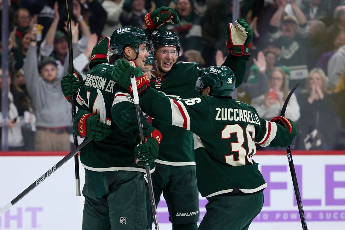 Nov 16, 2025; Saint Paul, Minnesota, USA; Minnesota Wild left wing Kirill Kaprizov (97) celebrates his overtime goal against the Vegas Golden Knights at Grand Casino Arena. Mandatory Credit: Matt Krohn-Imagn Images