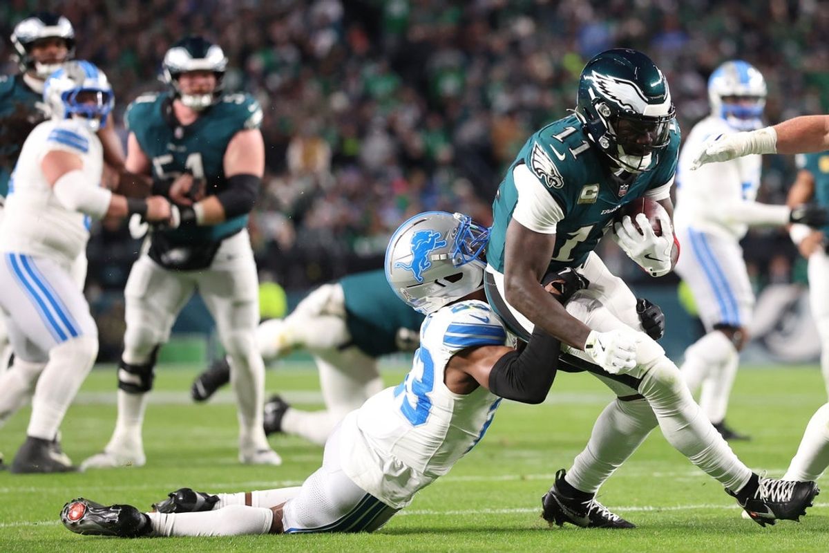 Nov 16, 2025; Philadelphia, Pennsylvania, USA;  Philadelphia Eagles wide receiver A.J. Brown (11) makes a catch against Detroit Lions cornerback Rock Ya-Sin (23) during the first half at Lincoln Financial Field. Mandatory Credit: Bill Streicher-Imagn Images