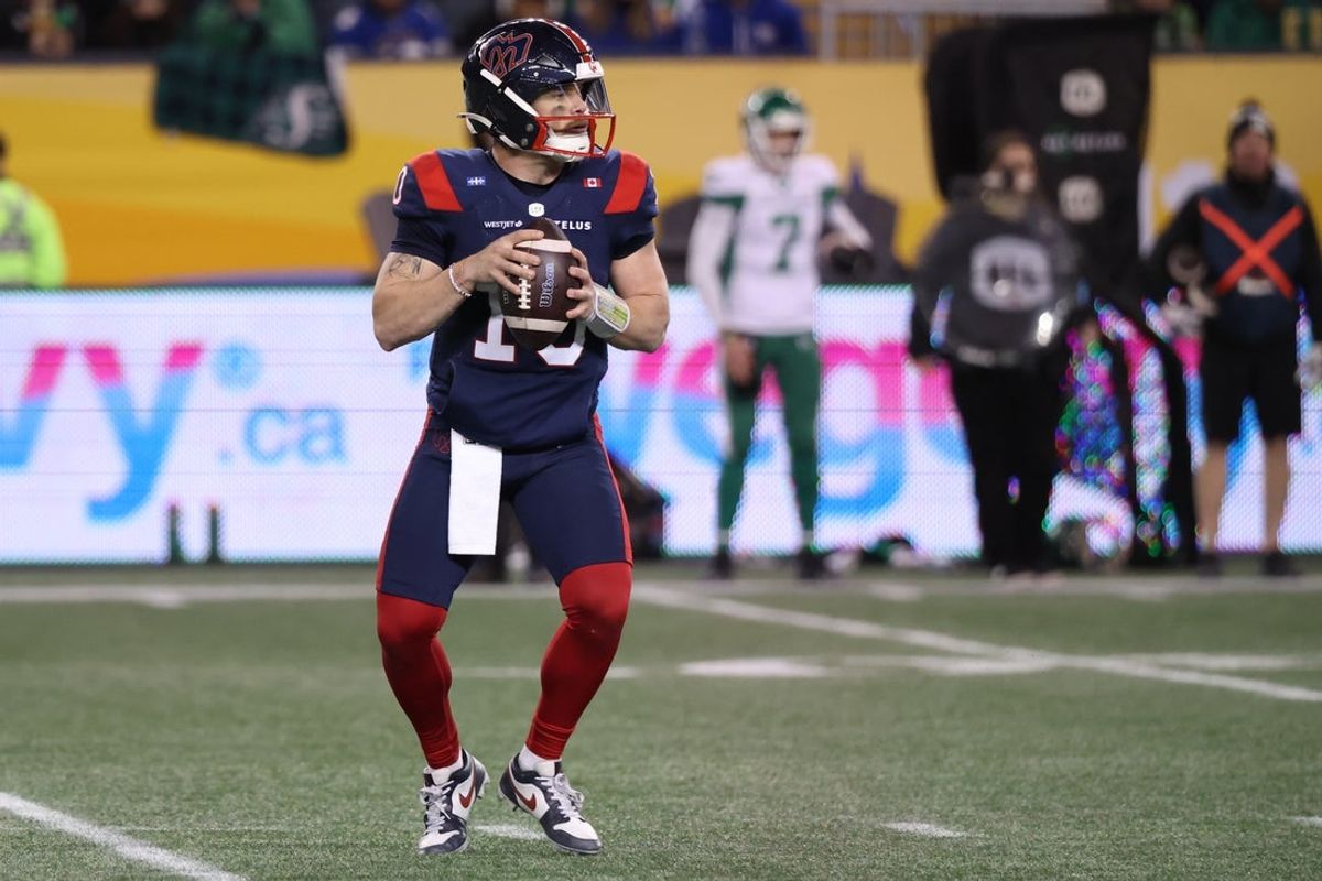 Nov 16, 2025; Winnipeg, Manitoba, Canada;  Montreal Alouettes quarterback Davis Alexander (10) looks to pass during the fourth quarter against the Saskatchewan Roughriders during the 112th Grey Cup Championship at Princess Auto Stadium. Mandatory Credit: Bruce Fedyck-Imagn Images