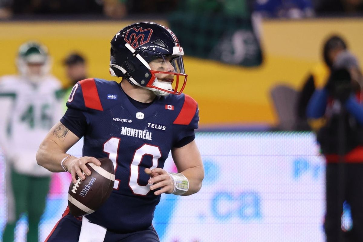 Nov 16, 2025; Winnipeg, Manitoba, Canada;  Montreal Alouettes quarterback Davis Alexander (10) looks to pass during the fourth quarter against the Saskatchewan Roughriders during the 112th Grey Cup Championship at Princess Auto Stadium. Mandatory Credit: Bruce Fedyck-Imagn Images