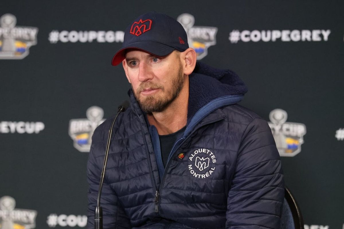 Nov 16, 2025; Winnipeg, Manitoba, Canada;  Montreal Alouettes head coach Jason Maas speaks during the post game press conference after the defeat against the Saskatchewan Roughriders during the 112th Grey Cup Championship at Princess Auto Stadium. Mandatory Credit: Bruce Fedyck-Imagn Images