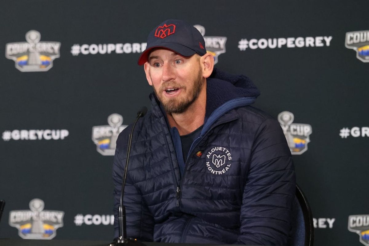 Nov 16, 2025; Winnipeg, Manitoba, Canada;  Montreal Alouettes head coach Jason Maas speaks during the post game press conference after the defeat against the Saskatchewan Roughriders during the 112th Grey Cup Championship at Princess Auto Stadium. Mandatory Credit: Bruce Fedyck-Imagn Images