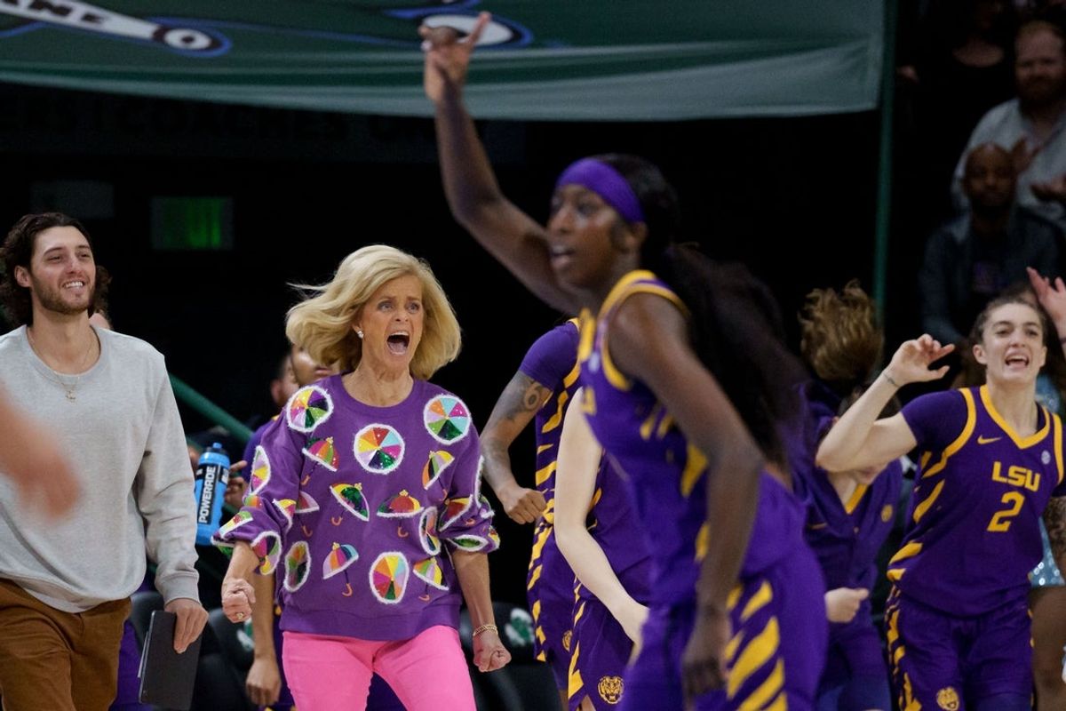 Nov 17, 2025; New Orleans, Louisiana, USA; LSU Tigers head coach Kim Mulkey reacts after a play by LSU Tigers guard Flau'Jae Johnson (4) during the first half against the Tulane Green Wave at Avron B. Fogelman Arena in Devlin Fieldhouse. Mandatory Credit: Matthew Hinton-Imagn Images