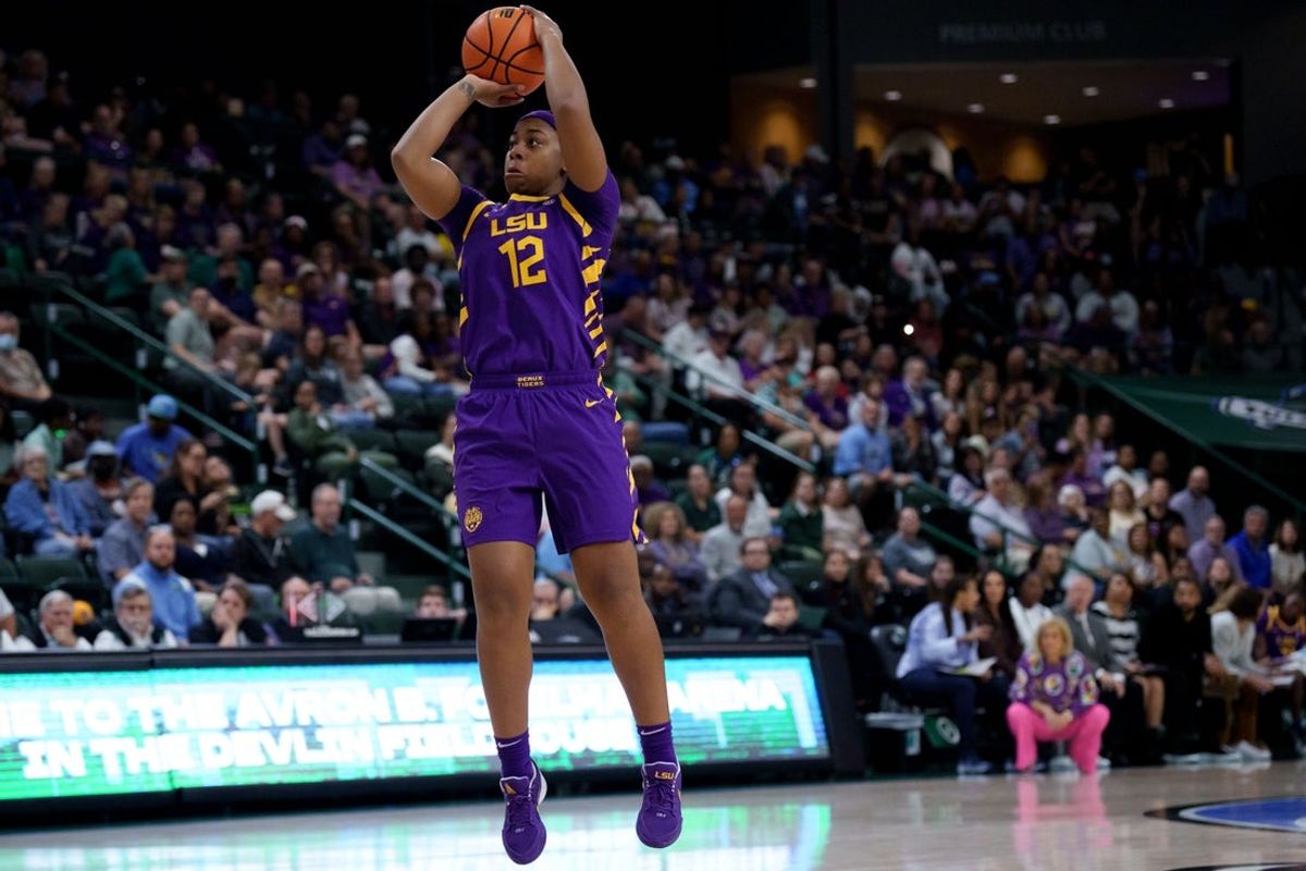 Nov 17, 2025; New Orleans, Louisiana, USA; LSU Tigers guard Mikaylah Williams (12) shoots against the Tulane Green Wave during the first half at Avron B. Fogelman Arena in Devlin Fieldhouse. Mandatory Credit: Matthew Hinton-Imagn Images