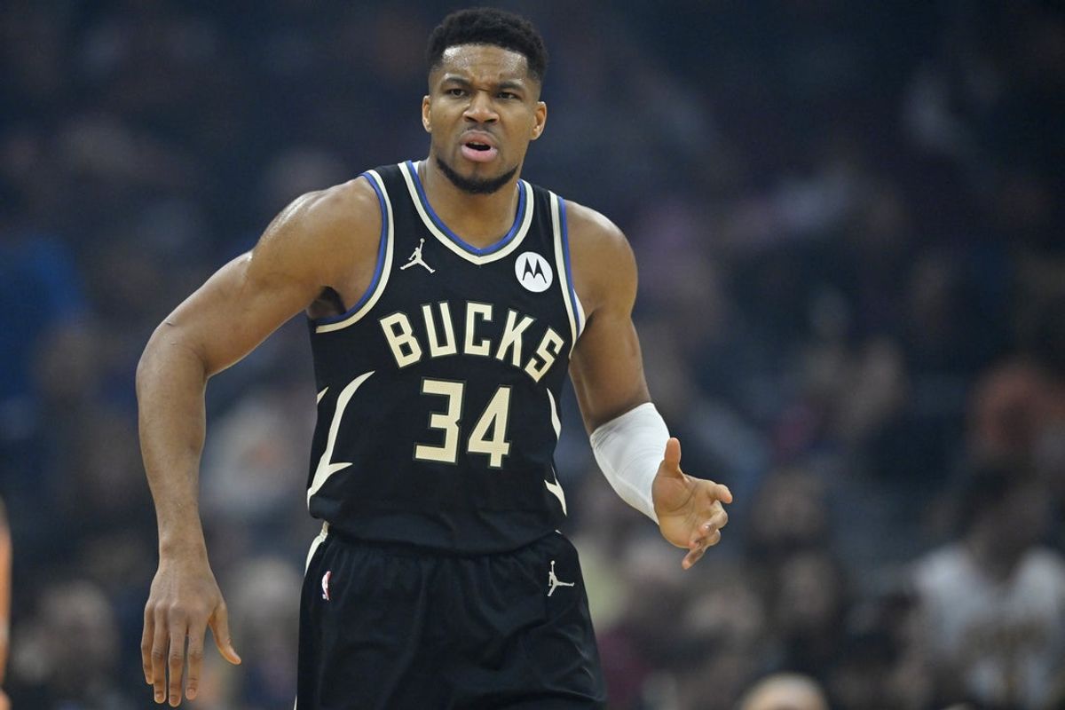 Nov 17, 2025; Cleveland, Ohio, USA; Milwaukee Bucks forward Giannis Antetokounmpo (34) stands on the court in the first quarter against the Cleveland Cavaliers at Rocket Arena. Mandatory Credit: David Richard-Imagn Images