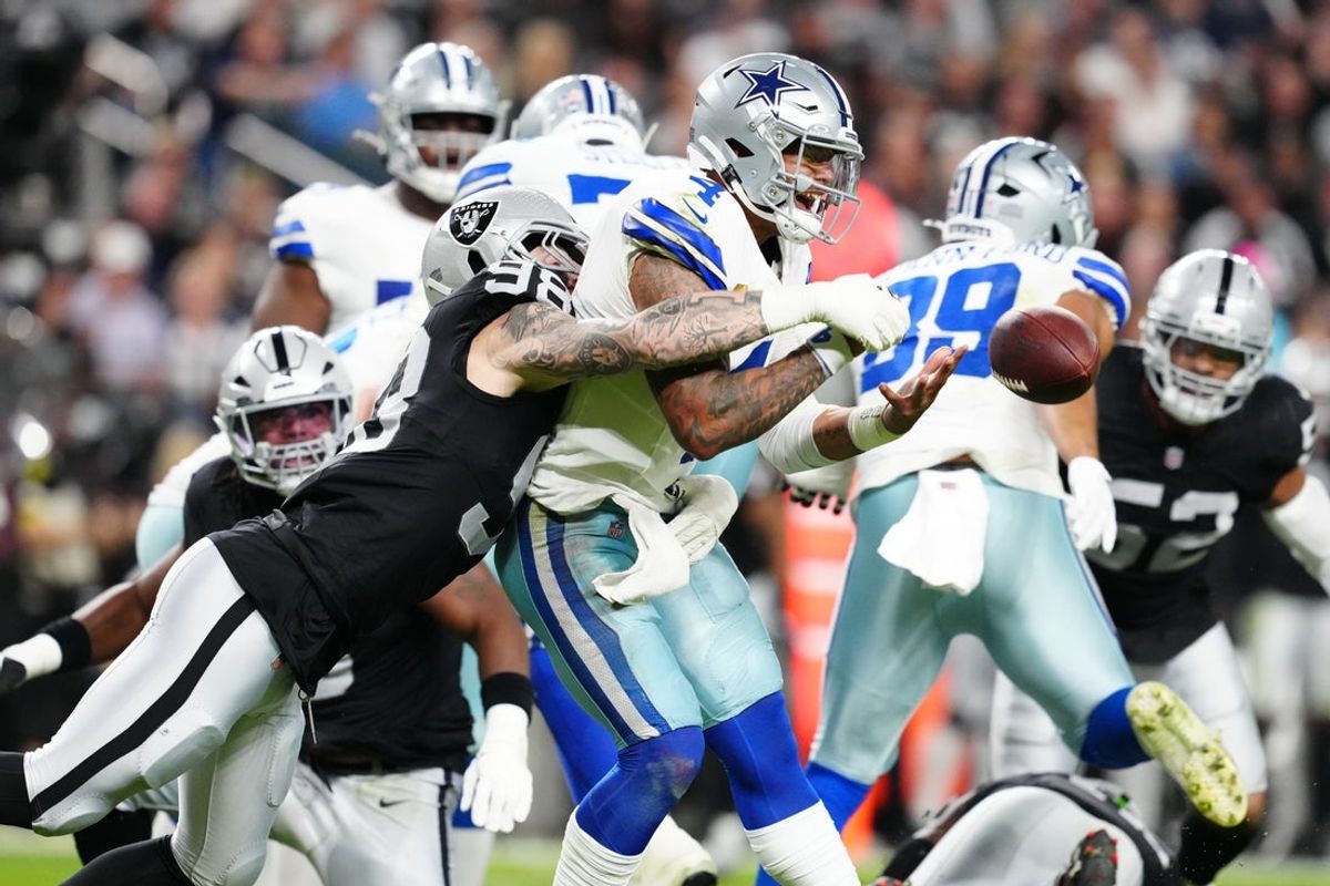Nov 17, 2025; Paradise, Nevada, USA; Las Vegas Raiders defensive end Maxx Crosby (98) forces a fumble by Dallas Cowboys quarterback Dak Prescott (4) during the first half at Allegiant Stadium. Mandatory Credit: Stephen R. Sylvanie-Imagn Images