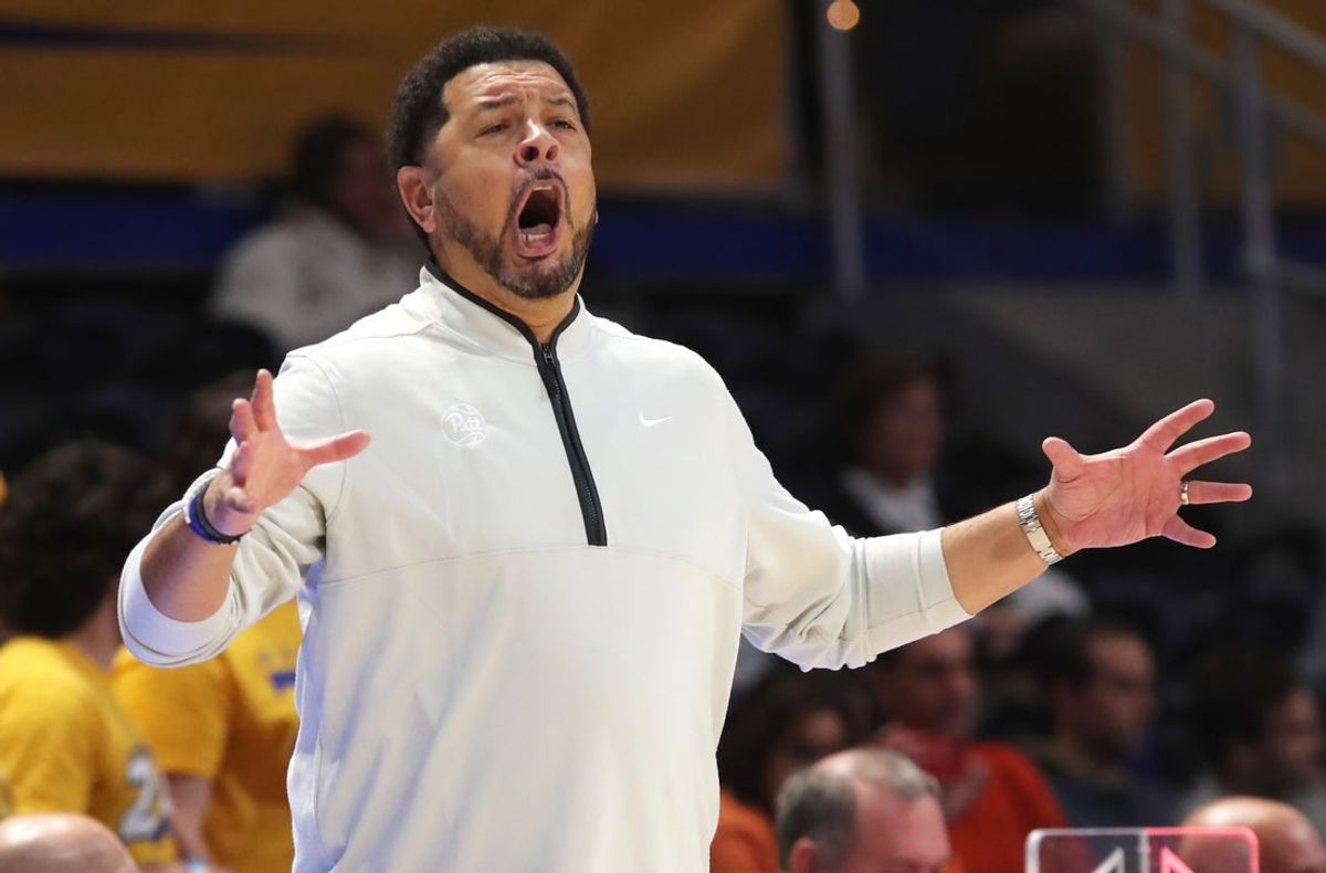 Nov 17, 2025; Pittsburgh, Pennsylvania, USA;  Pittsburgh Panthers head coach Jeff Capel reacts on the sidelines against the Bucknell Bison during the second half at the Petersen Events Center. Mandatory Credit: Charles LeClaire-Imagn Images