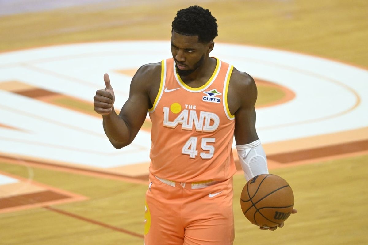 Nov 17, 2025; Cleveland, Ohio, USA; Cleveland Cavaliers guard Donovan Mitchell (45) reacts in the third quarter against the Milwaukee Bucks at Rocket Arena. Mandatory Credit: David Richard-Imagn Images