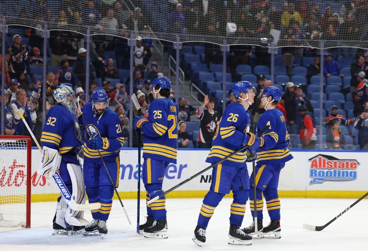 Nov 17, 2025; Buffalo, New York, USA;  The Buffalo Sabres celebrate a win over the Edmonton Oilers at KeyBank Center. Mandatory Credit: Timothy T. Ludwig-Imagn Images