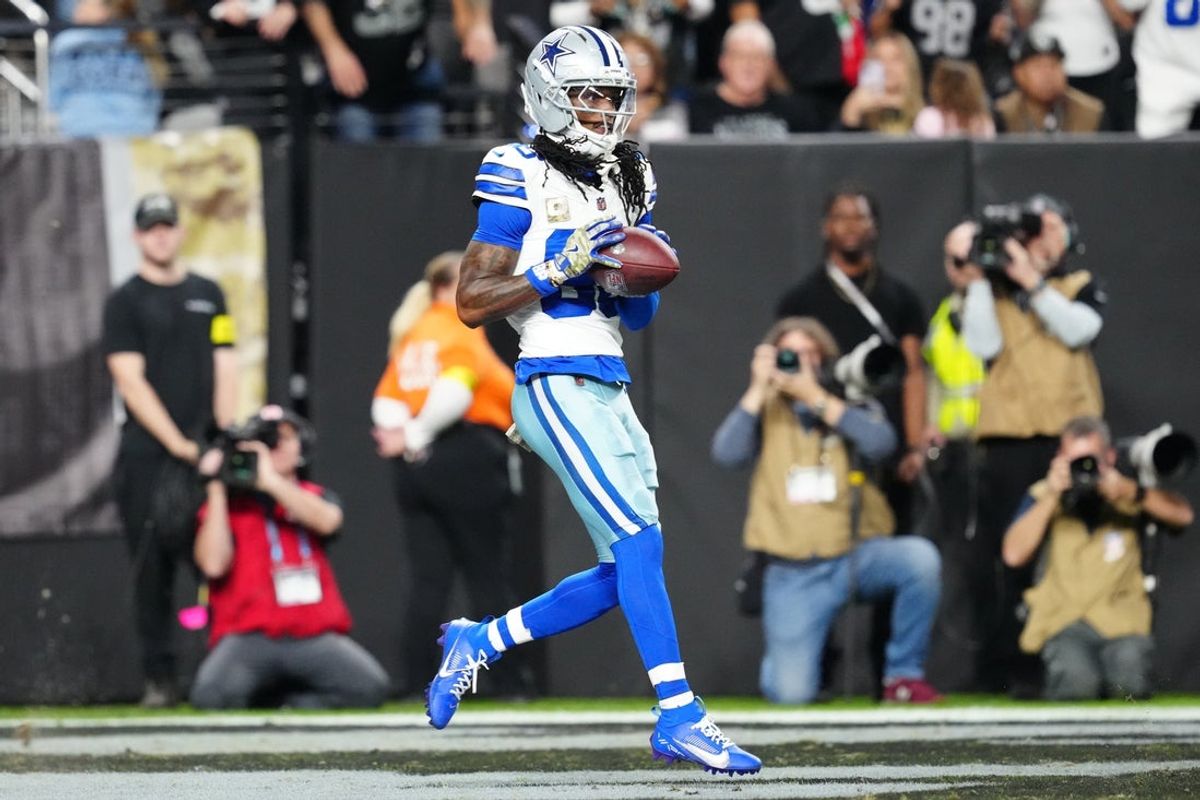 Nov 17, 2025; Paradise, Nevada, USA; Dallas Cowboys wide receiver CeeDee Lamb (88) catches a touchdown against the Las Vegas Raiders at Allegiant Stadium. Mandatory Credit: Stephen R. Sylvanie-Imagn Images