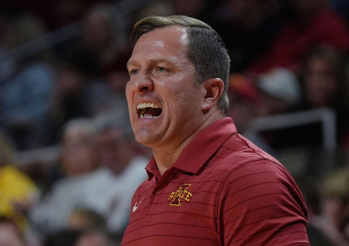 Iowa State Cyclones men's basketball head coach T.J. Otzelberger calls a play from the side line against Stonehill during the first half in the NCAA basketball on Nov. 17, 2025, at Hilton Coliseum in Ames, Iowa.Iowa.