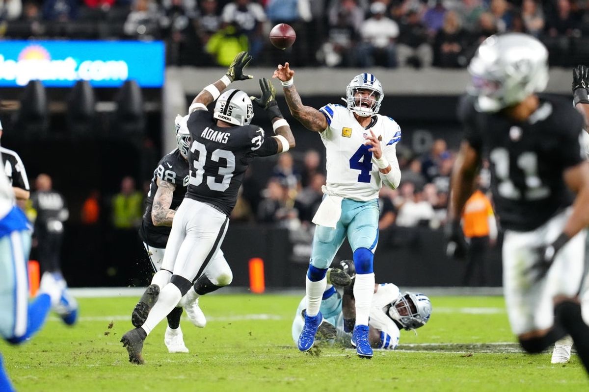 Nov 17, 2025; Paradise, Nevada, USA; Dallas Cowboys quarterback Dak Prescott (4) throws a pass during the first half against the Las Vegas Raiders at Allegiant Stadium. Mandatory Credit: Stephen R. Sylvanie-Imagn Images