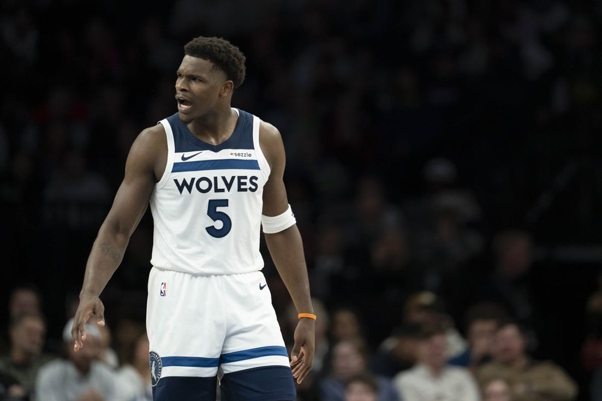 Nov 17, 2025; Minneapolis, Minnesota, USA; Minnesota Timberwolves guard Anthony Edwards (5) looks on against the Dallas Mavericks in the second half at Target Center. Mandatory Credit: Jesse Johnson-Imagn Images
