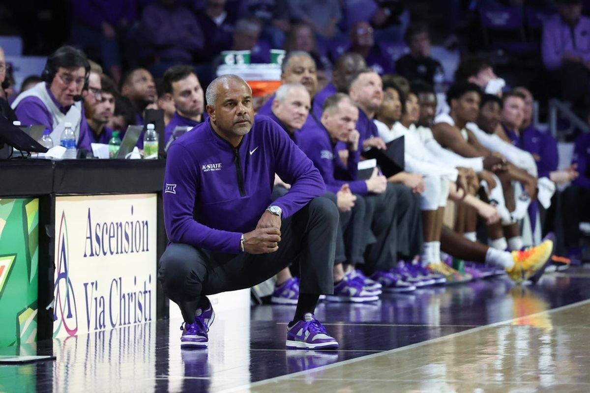 Nov 17, 2025; Manhattan, Kansas, USA; Kansas State Wildcats head coach Jerome Tang watches the action during the second half against the Tulsa Golden Hurricane at Bramlage Coliseum. Mandatory Credit: Scott Sewell-Imagn Images