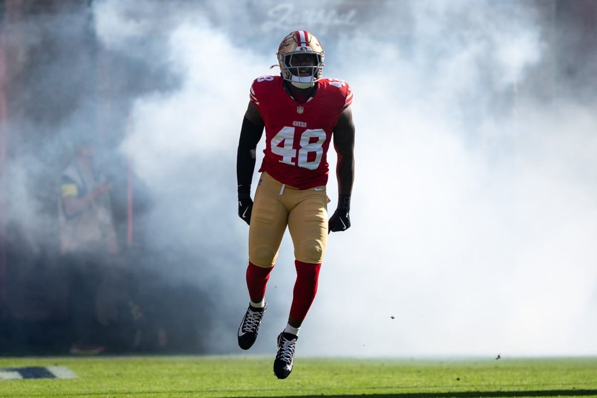 November 9, 2025; Santa Clara, California, USA; San Francisco 49ers linebacker Tatum Bethune (48) before the game against the Los Angeles Rams at Levi's Stadium. Mandatory Credit: Kyle Terada-Imagn Images