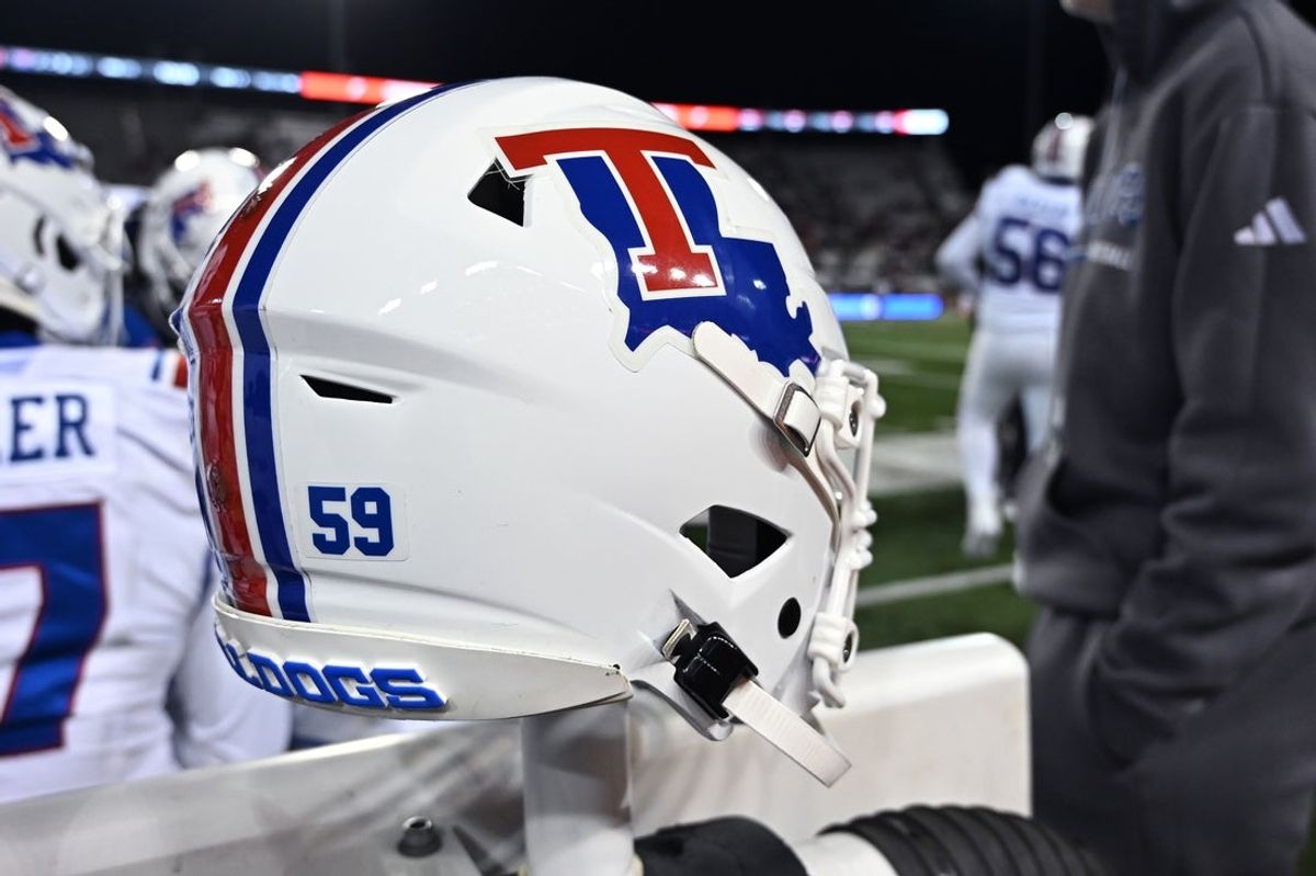 Nov 15, 2025; Pullman, Washington, USA; Louisiana Tech Bulldogs helmet sits during a game against the Washington State Cougars in the second half at Gesa Field at Martin Stadium. Mandatory Credit: James Snook-Imagn Images